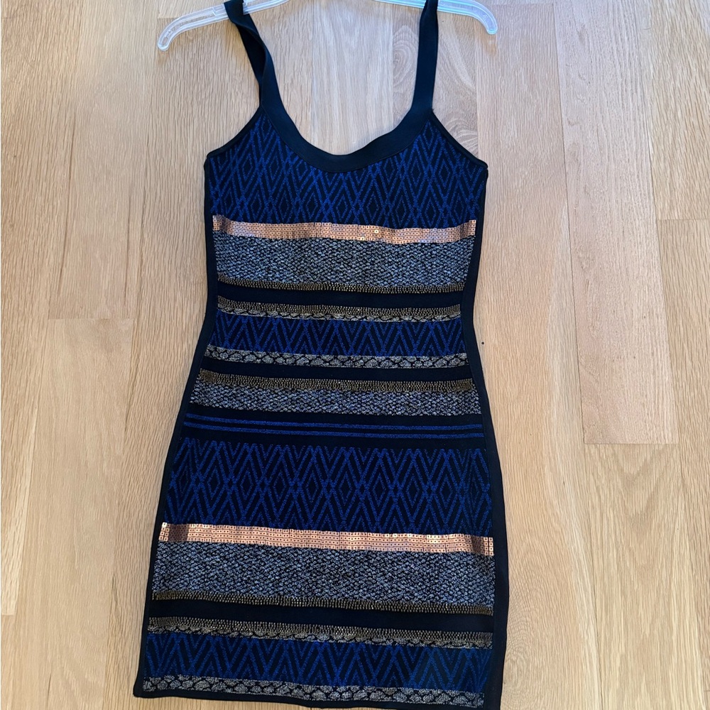Guess by Marciano Black and Blue and gold beaded Striped bodycon Dress medium